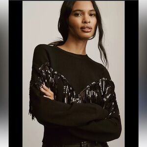Anthropologie black sequined fringe sweater western dark romantic NWT large